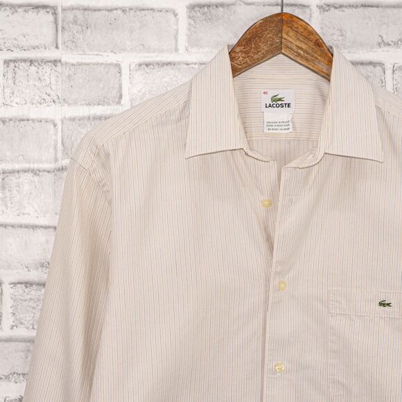 LACOSTE Men's Button up Shirt Beige Striped cotton Croc Logo Size 40 - Picture 5 of 5